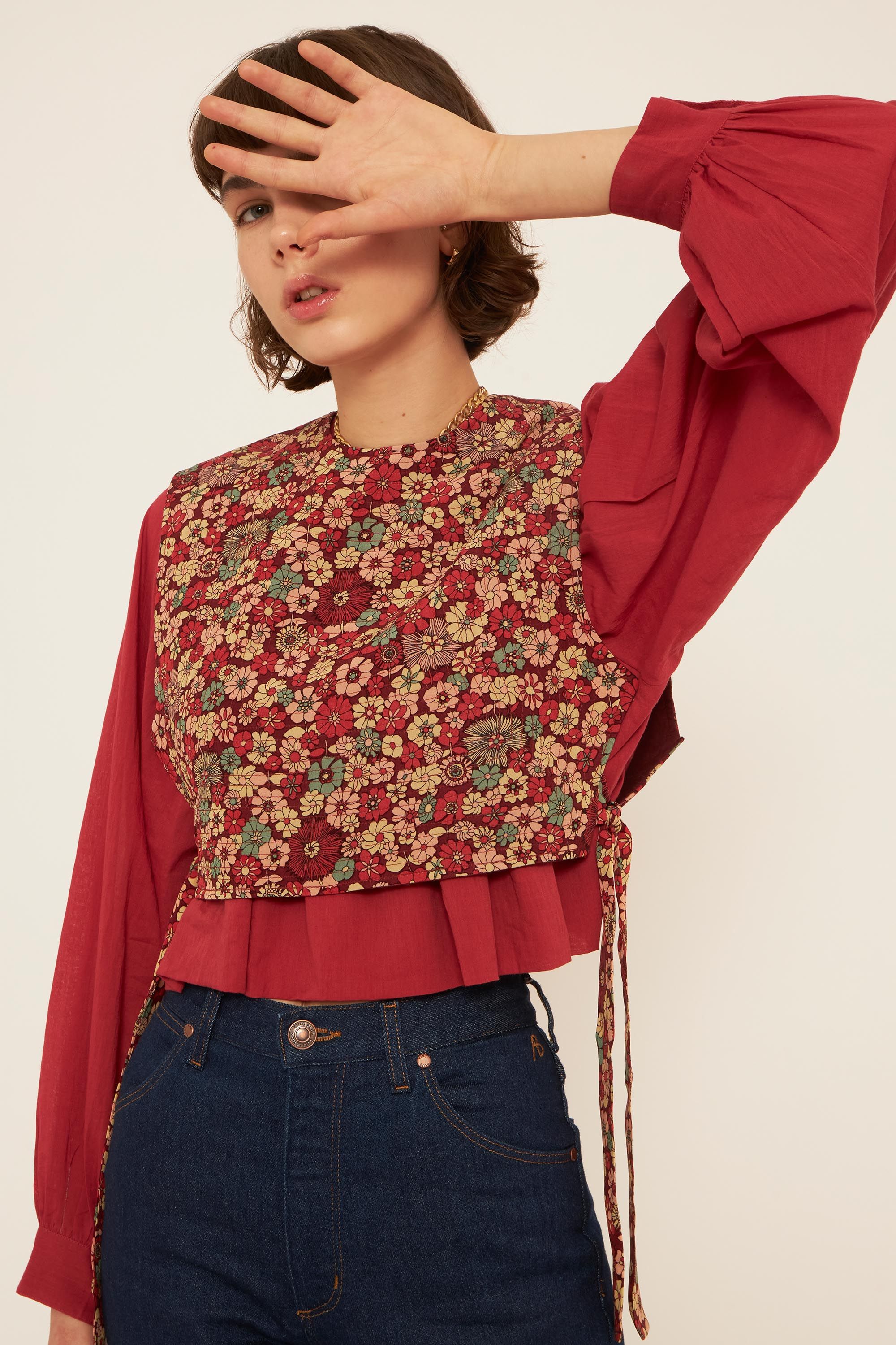 Red White Embroidery Blouse with frills – GoUnique