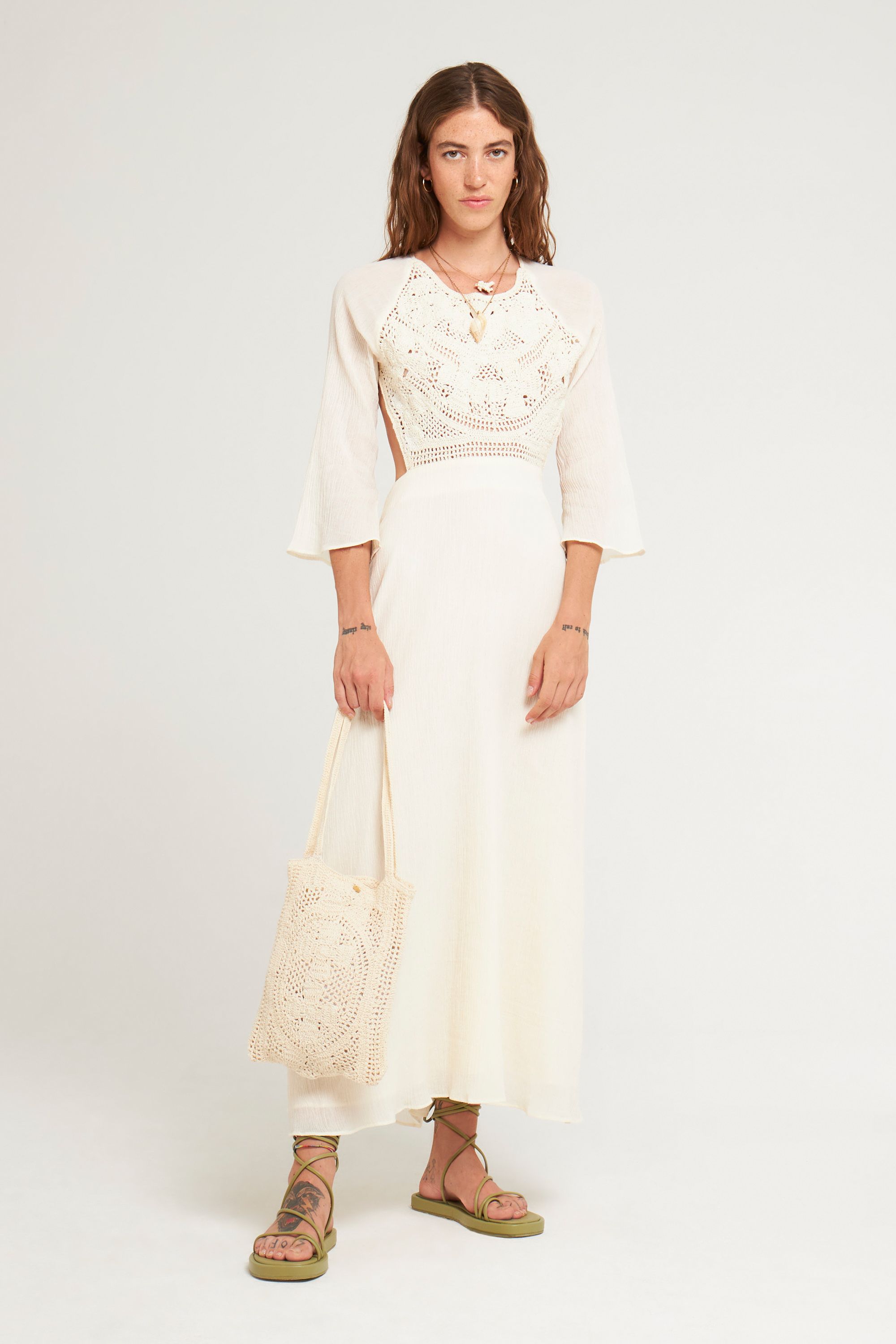 White cotton crepe crochet maxi dress ANTIK BATIK