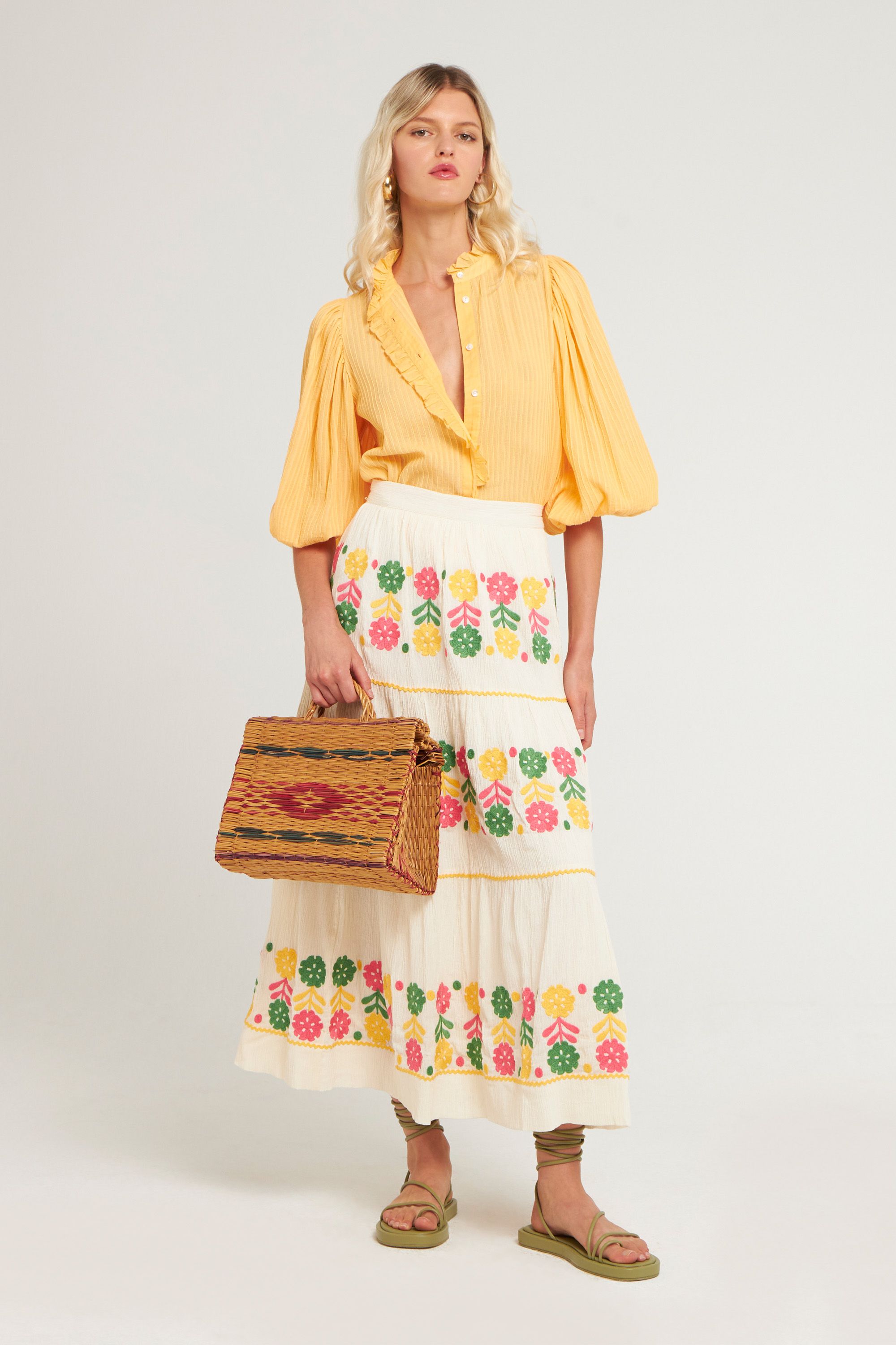 Floral embroidered skirt | Embroidered flared skirt in cotton