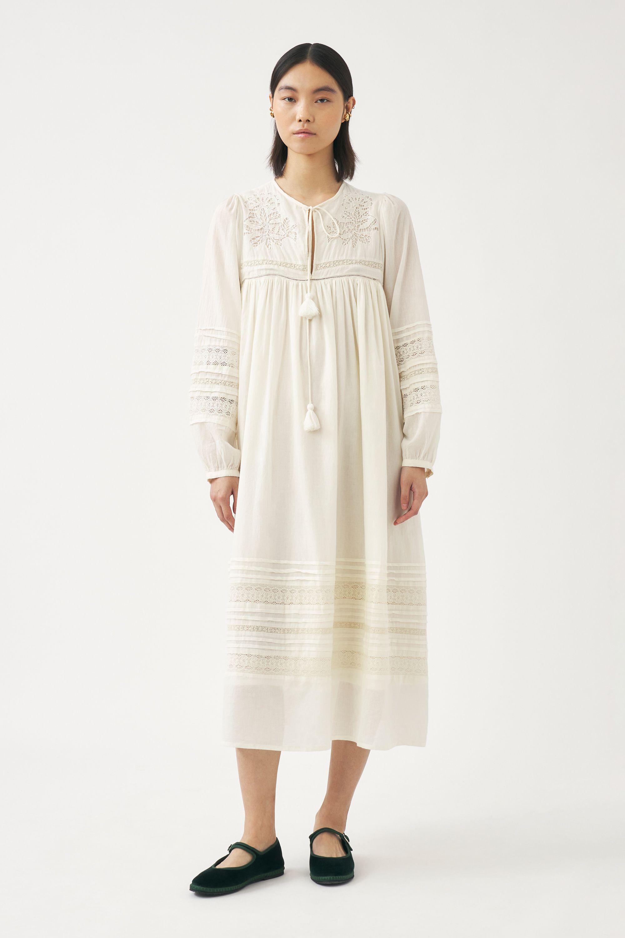 Cream openwork cotton voile maxi dress with lace inserts. ANTIK BATIK