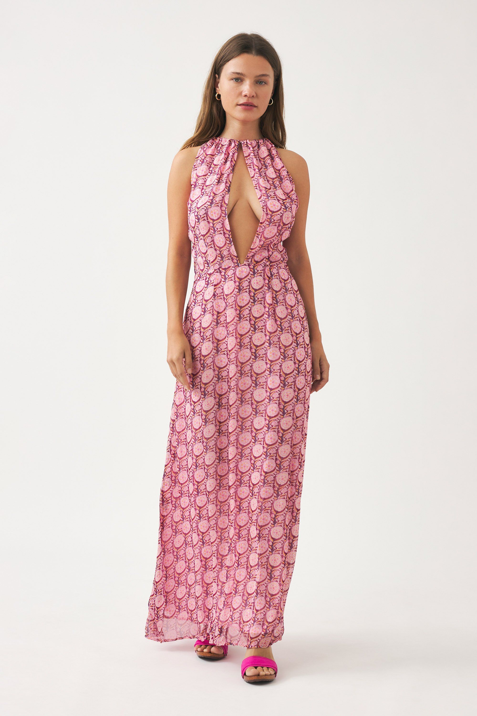 Robe longue rose fluide bleue en mousseline de viscose aerienne ANTIK BATIK