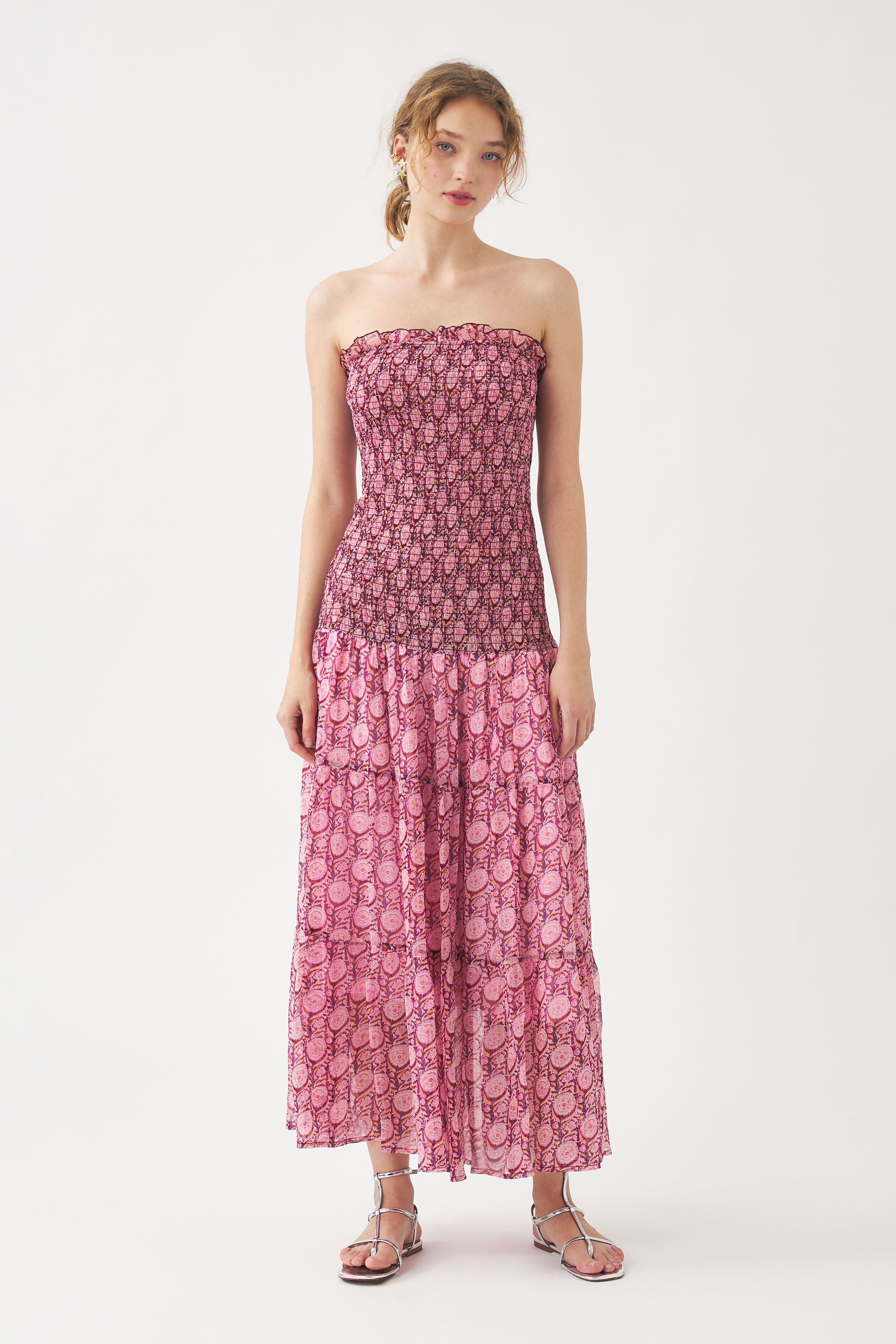 Robe longue bustier rose fluide bleue en mousseline de viscose aerienne ANTIK BATIK