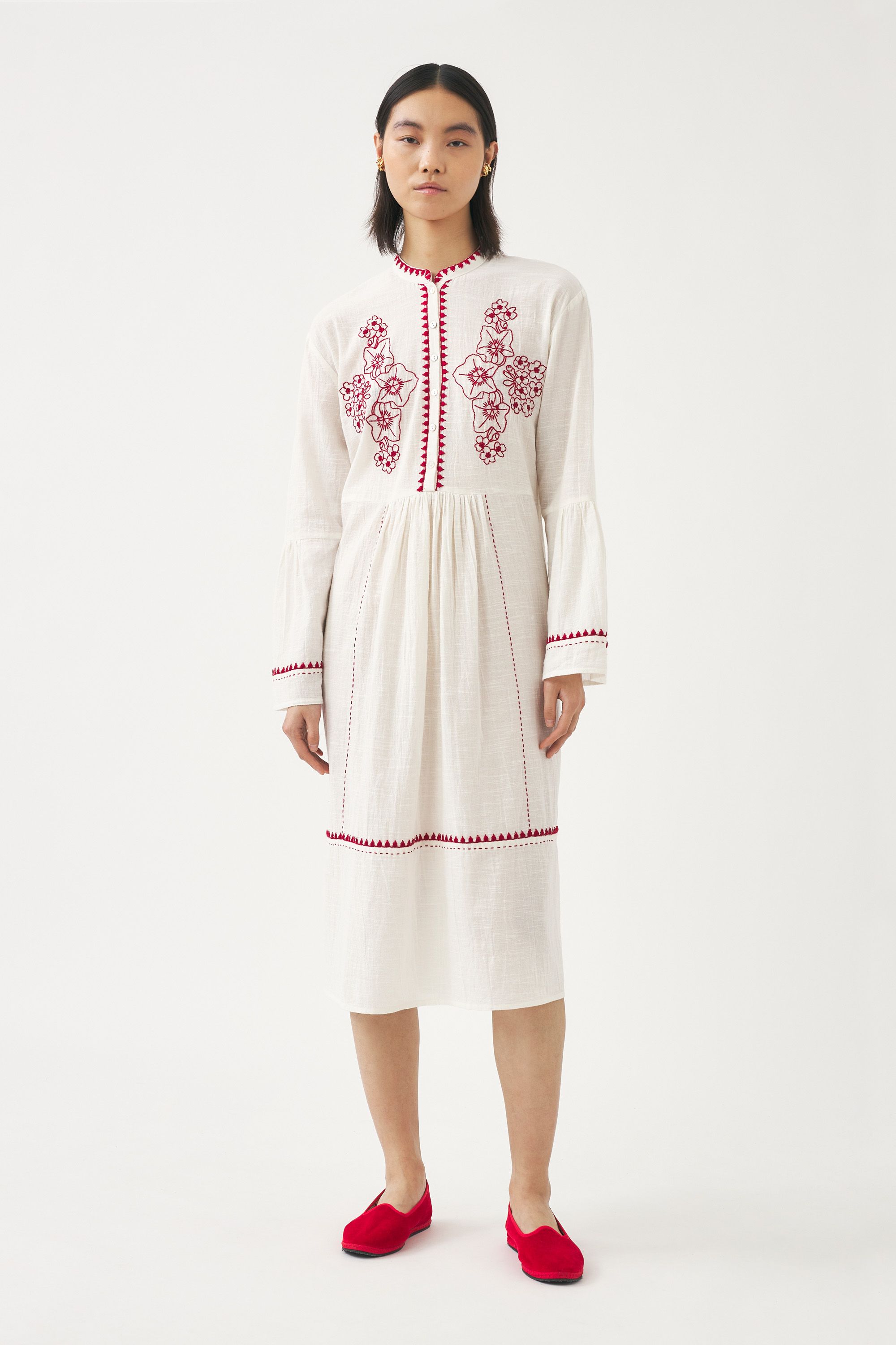 White cotton linen embroidered dress Blouse with floral embroidery ANTIK BATIK
