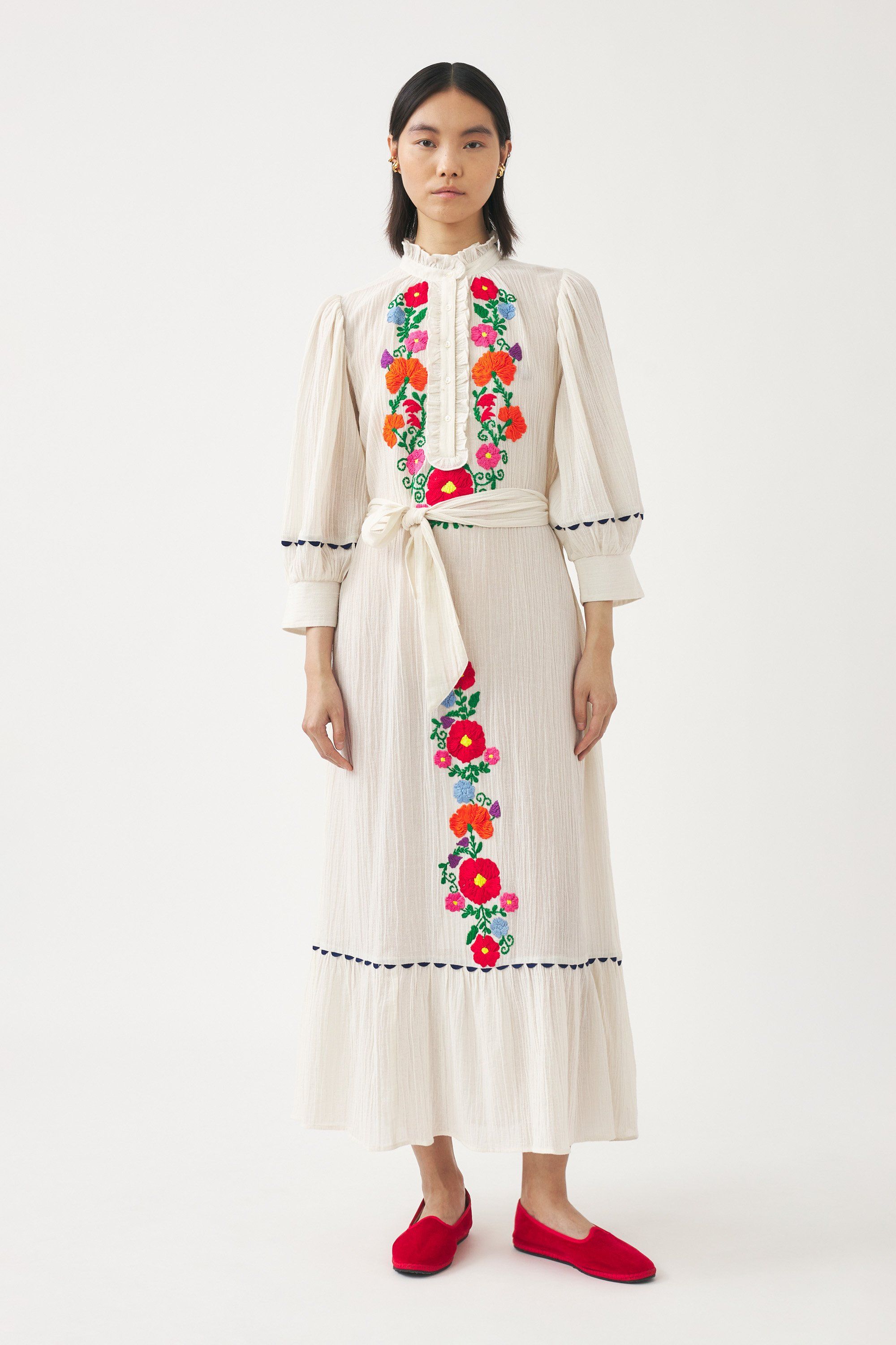 Dress with colourful flower embroidery Cotton crepe embroidered dress ANTIK BATIK