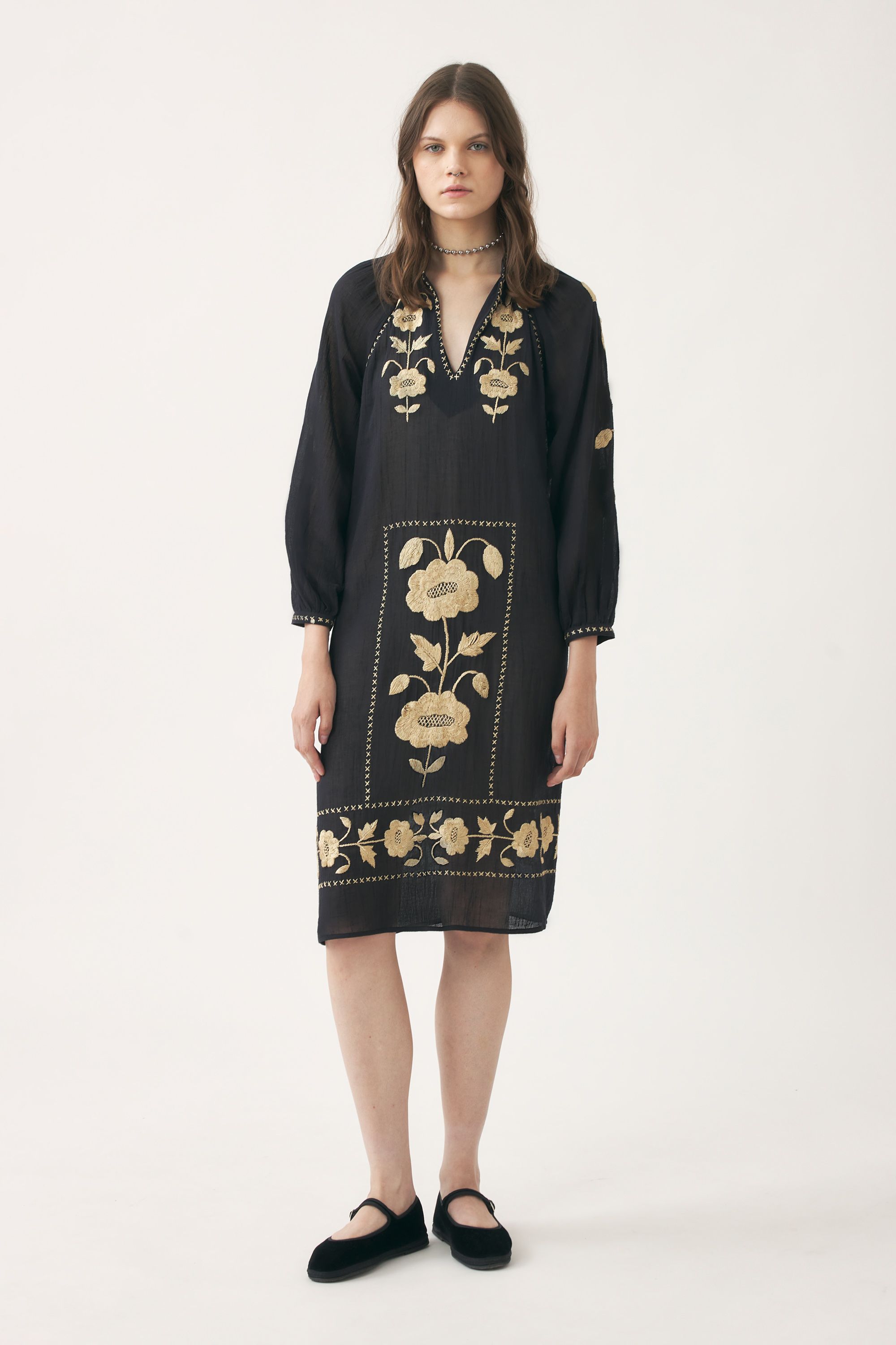 Black dress with black silk embroidery Cotton crepe dress ANTIK BATIK