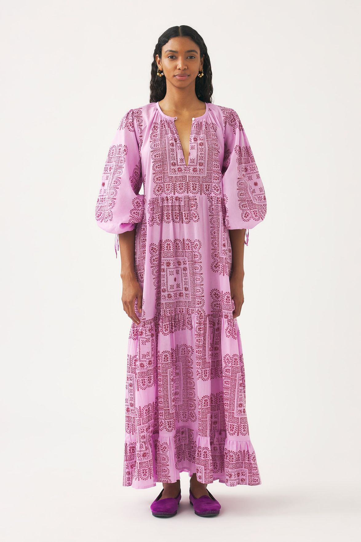 Robe longue rose en voile de Coton | Robe longue rose imprimée au block print | ANTIK BATIK