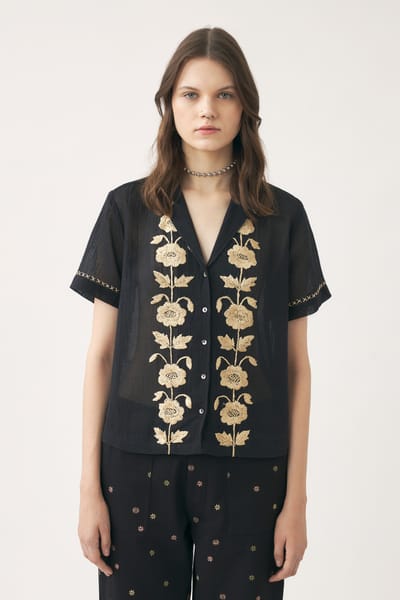 Antikbatik Chemise brodée en fil de soie à la main Ila