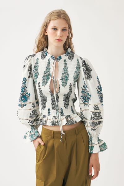 Antikbatik Print smocked blouse Muguet