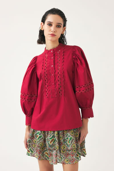 Antikbatik Blusa de popelina de algodón calada Rodo