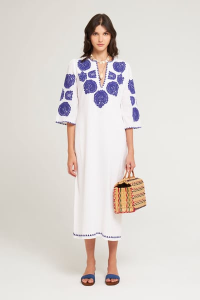 Antikbatik Langes besticktes Kleid Tiki