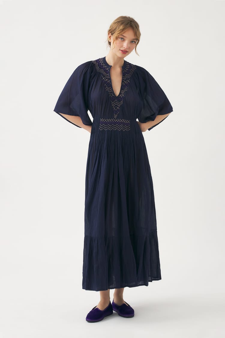 antik batik Robe longue bleu nuit en voile de Coton