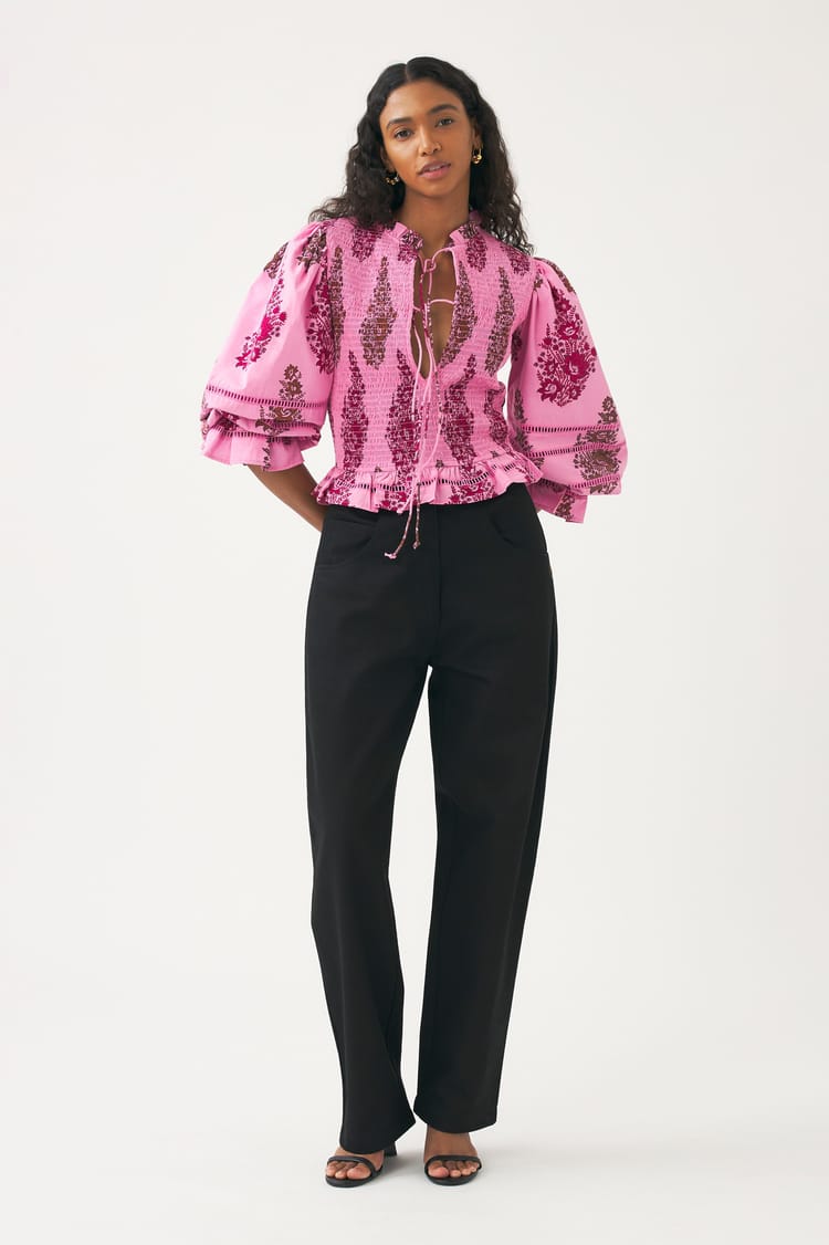 antik batik Pantalon noir brodée en coton-lin