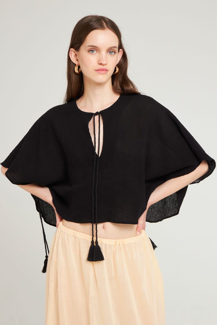 antik batik Mini caftan fluide noire en Crêpe de Coton