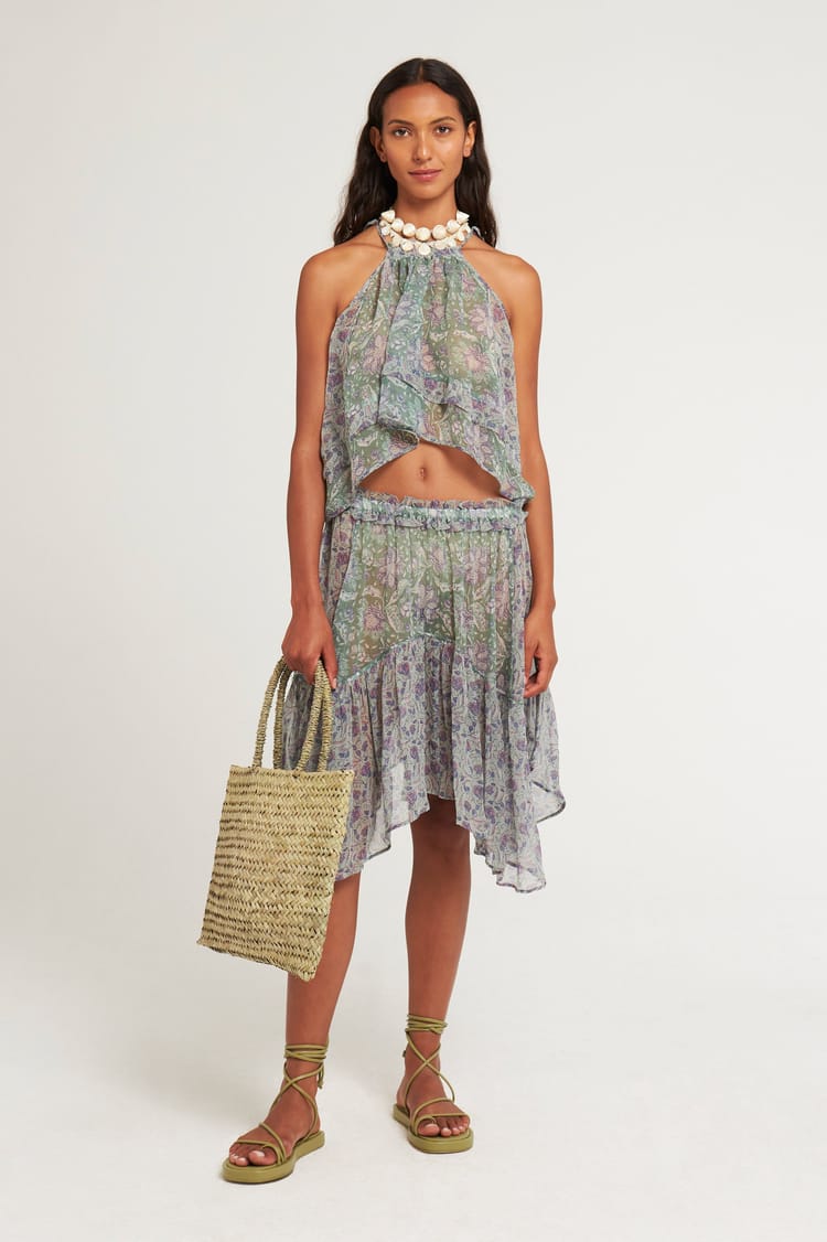 antik batik Jupe bleue asymétrique en chiffon de viscose bohème chic