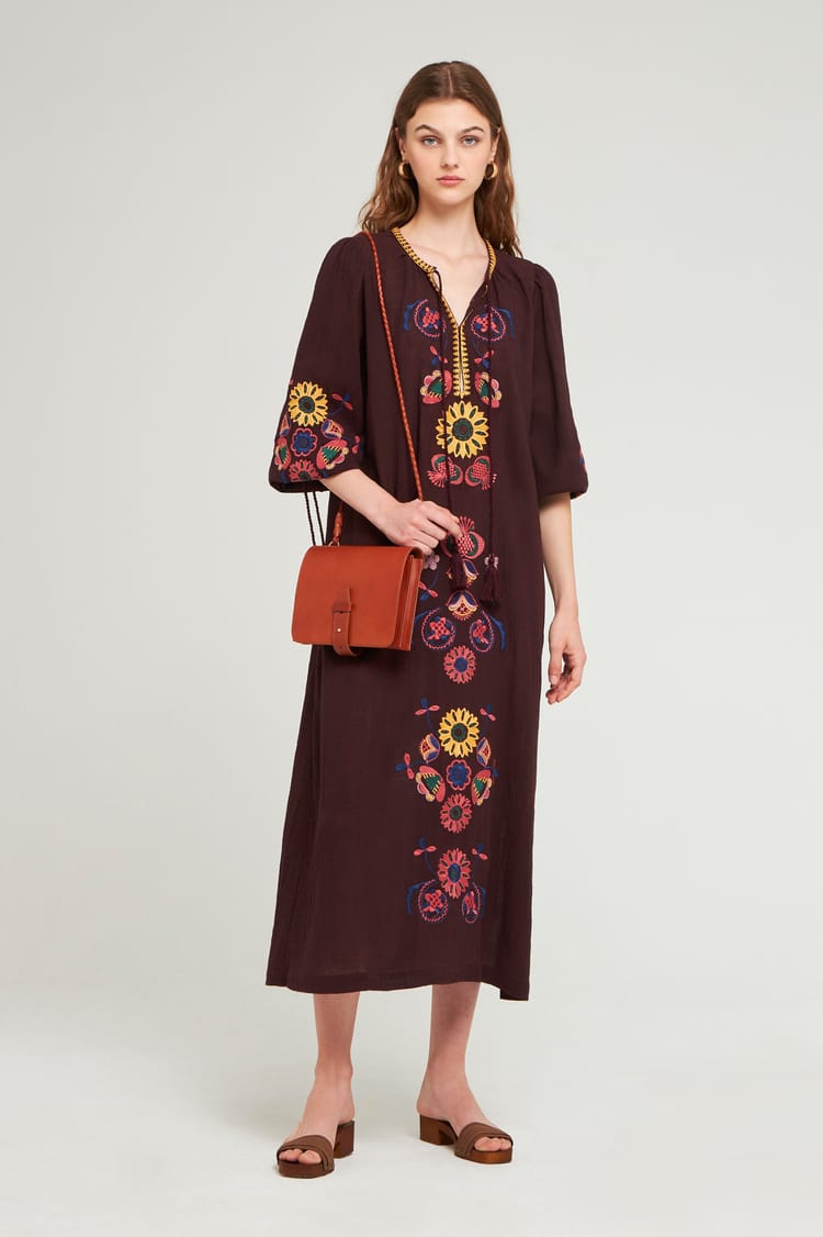 antik batik Robe longue marron brodée bohème chic casual en crêpe de Coton