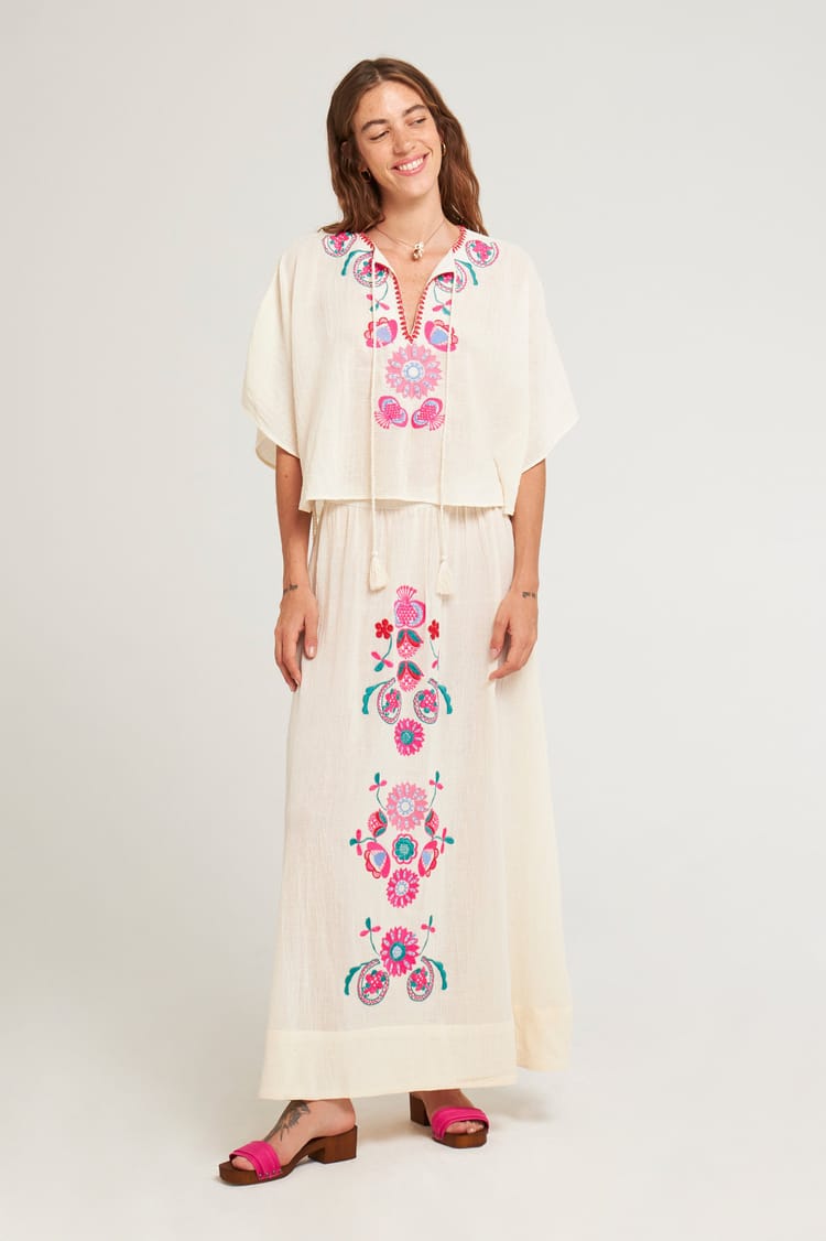 antik batik Jupe longue crème brodée bohème chic casual en crêpe de Coton