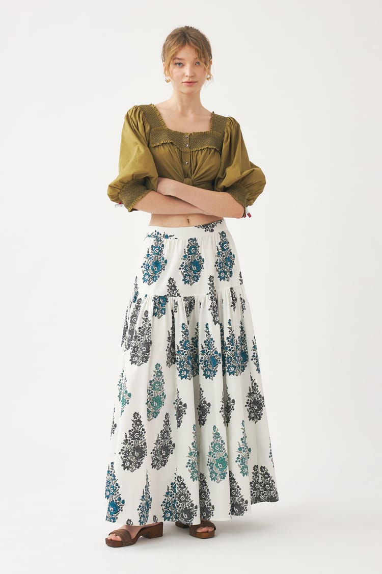 antik batik Jupe longue blanche imprimée en popeline de coton