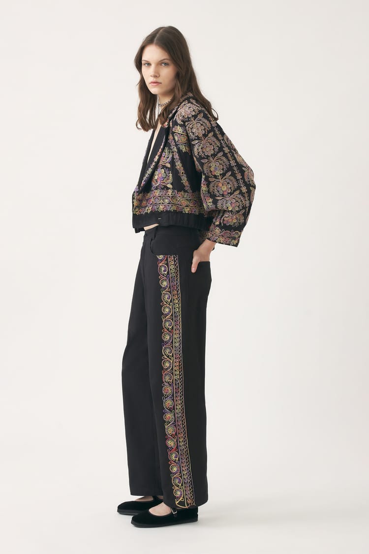 antik batik Veste noire en double gaze de coton brodée de fils tie and dye