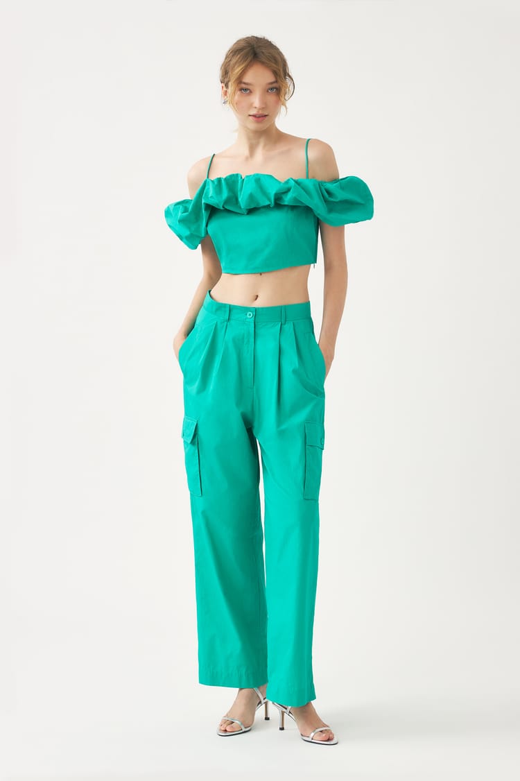 antik batik Crop top bleu turquoise en popeline de coton
