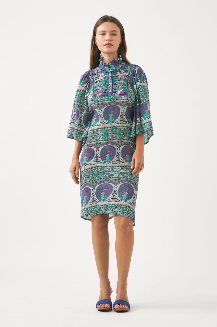 antik batik Robe courte en voile de coton avec imprimé paon