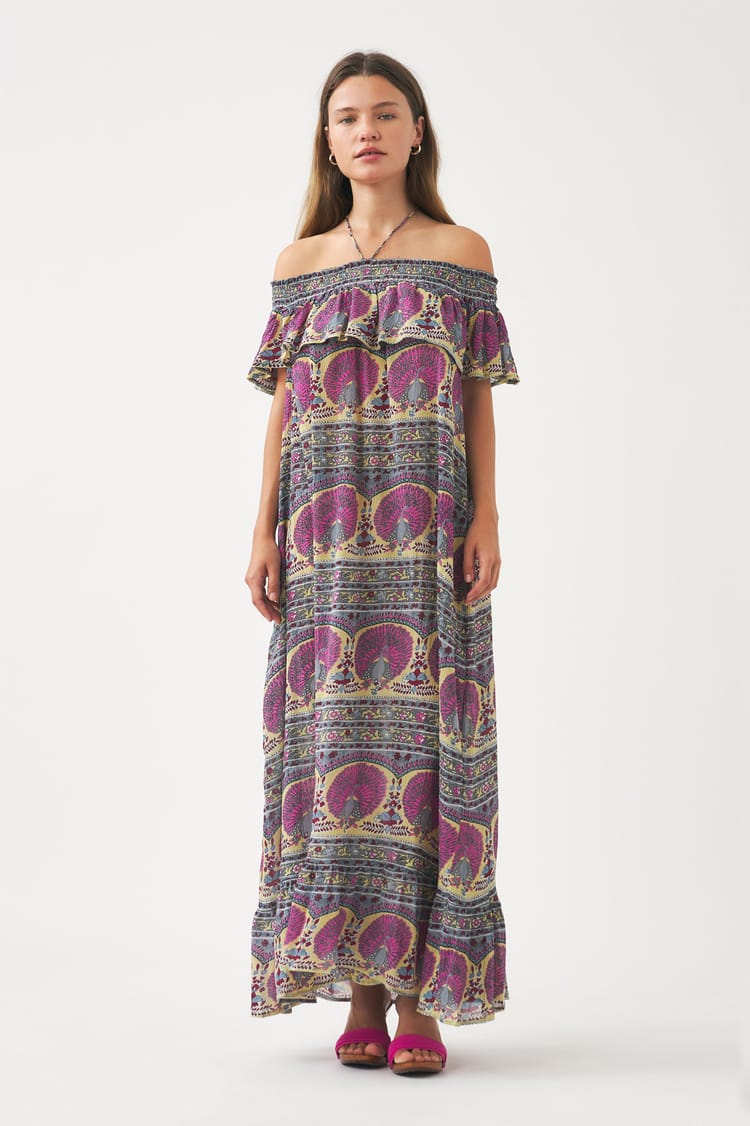 antik batik Robe bain de soleil en voile de coton avec imprimé paon