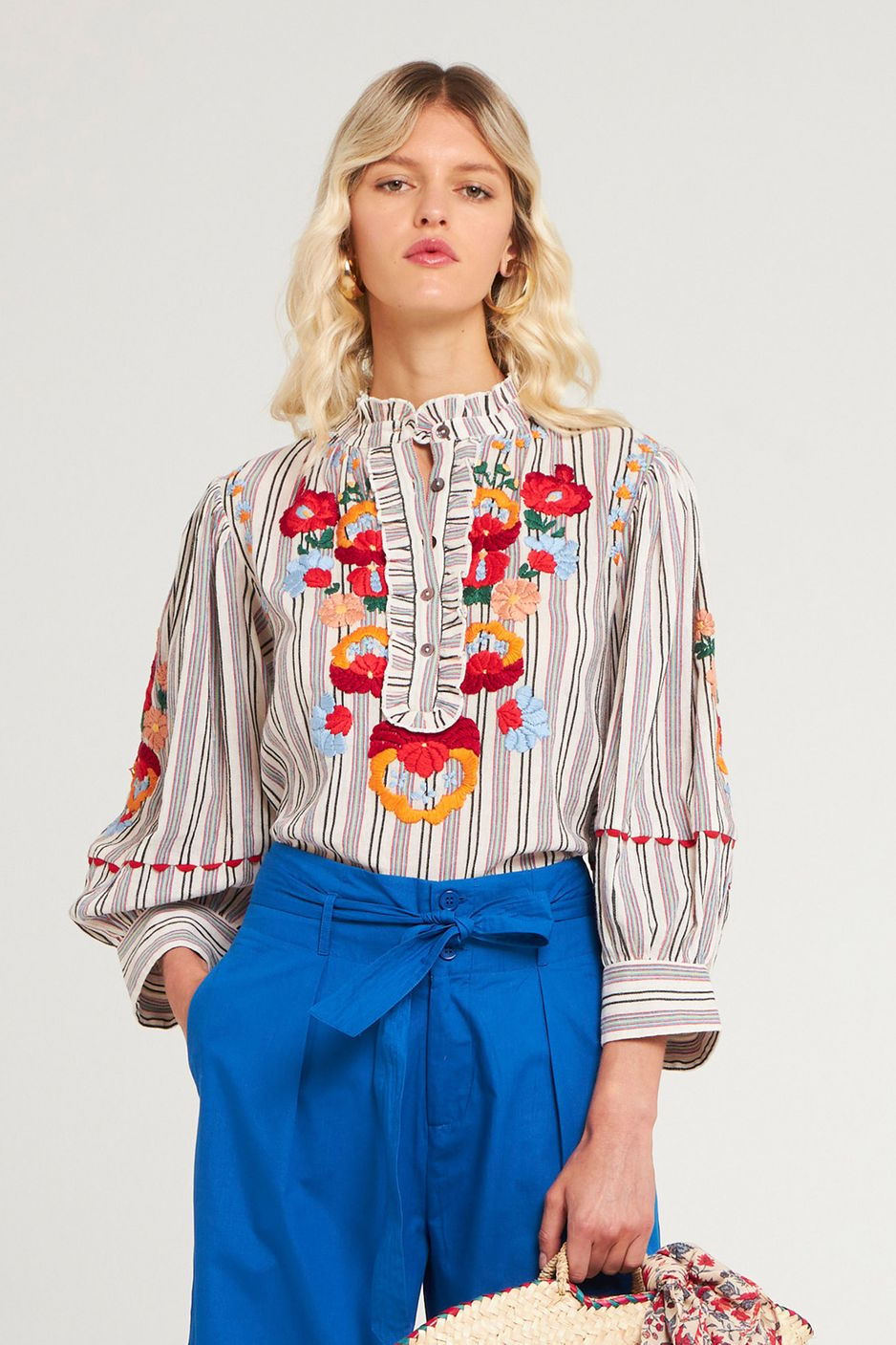 Striped embroidered blouse | Cotton crepe embroidered blouse