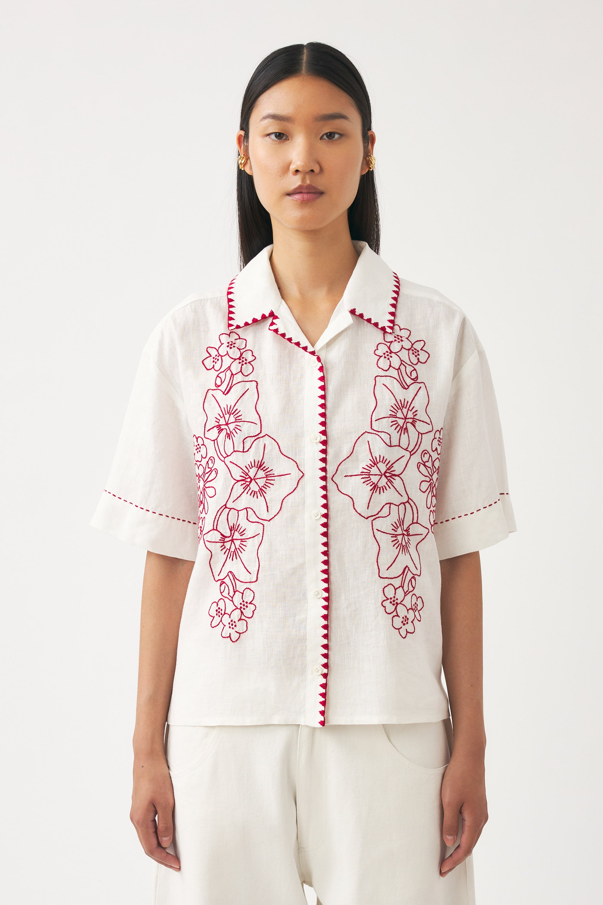 Black cotton-linen embroidered blouse | Blouse with floral embroidery ...