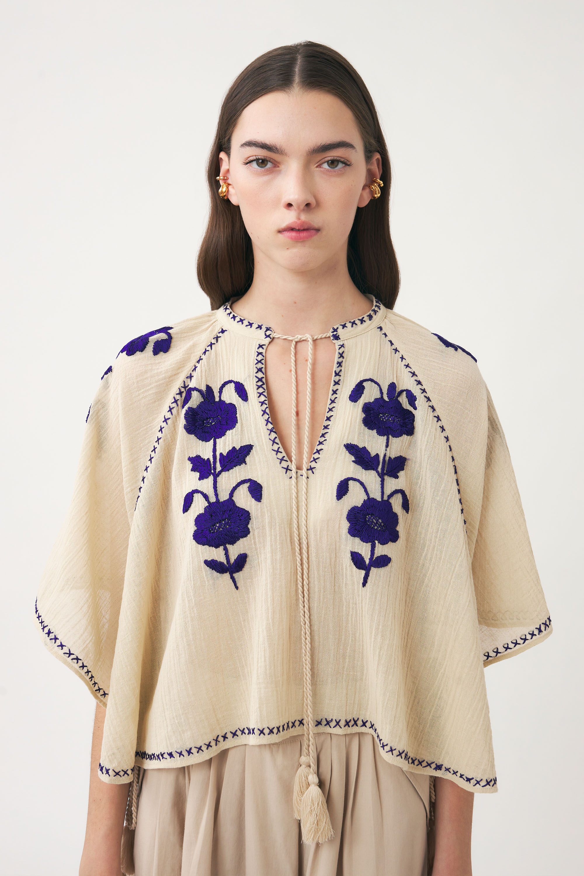 Cream mini kaftan with purple silk embroidery | Cotton crepe mini ...