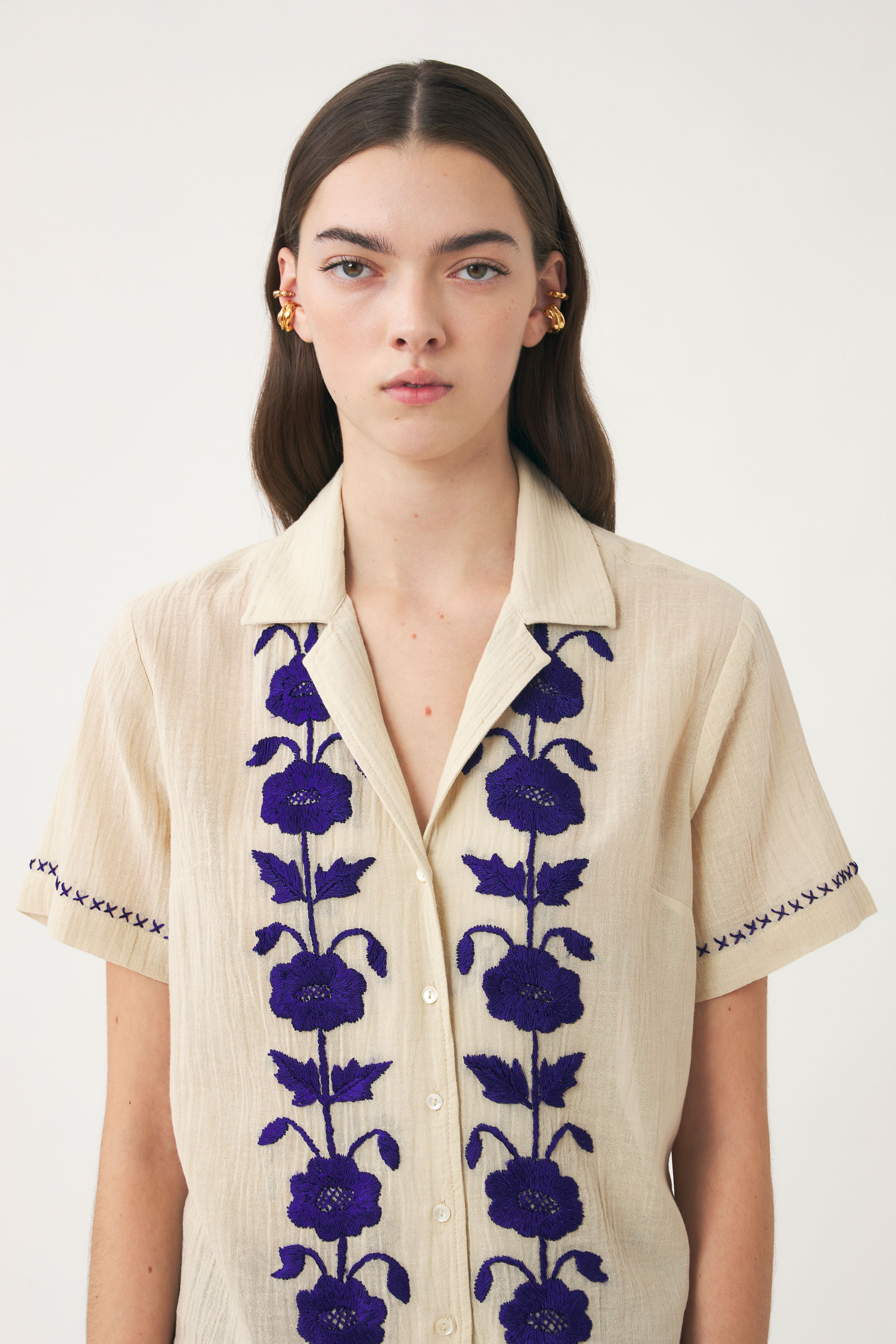 Cream blouse with purple silk embroidery | Cotton crepe mini kaftan ...