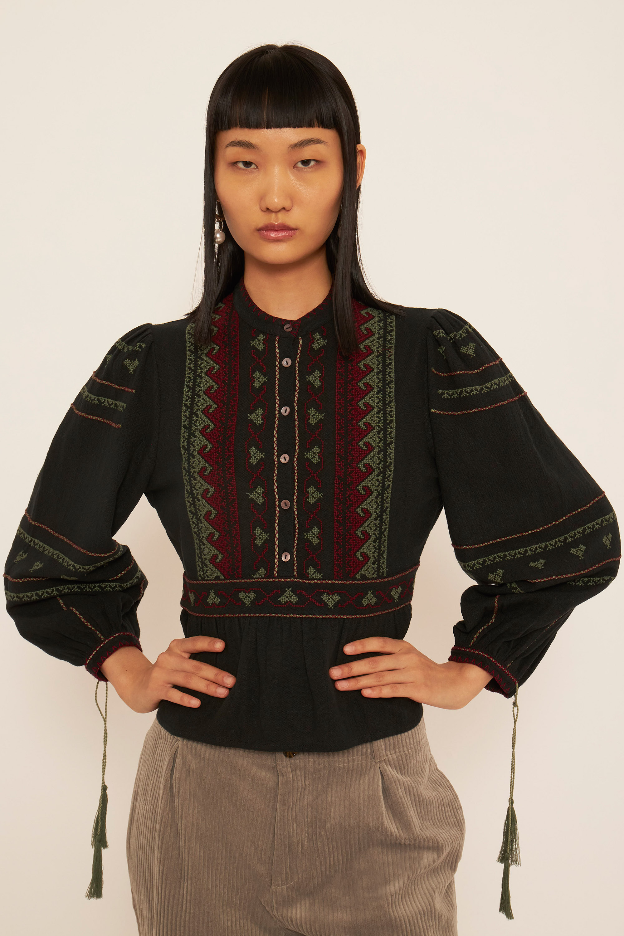Black cotton embroidered blouse | Artisan embroidery | ANTIK BATIK