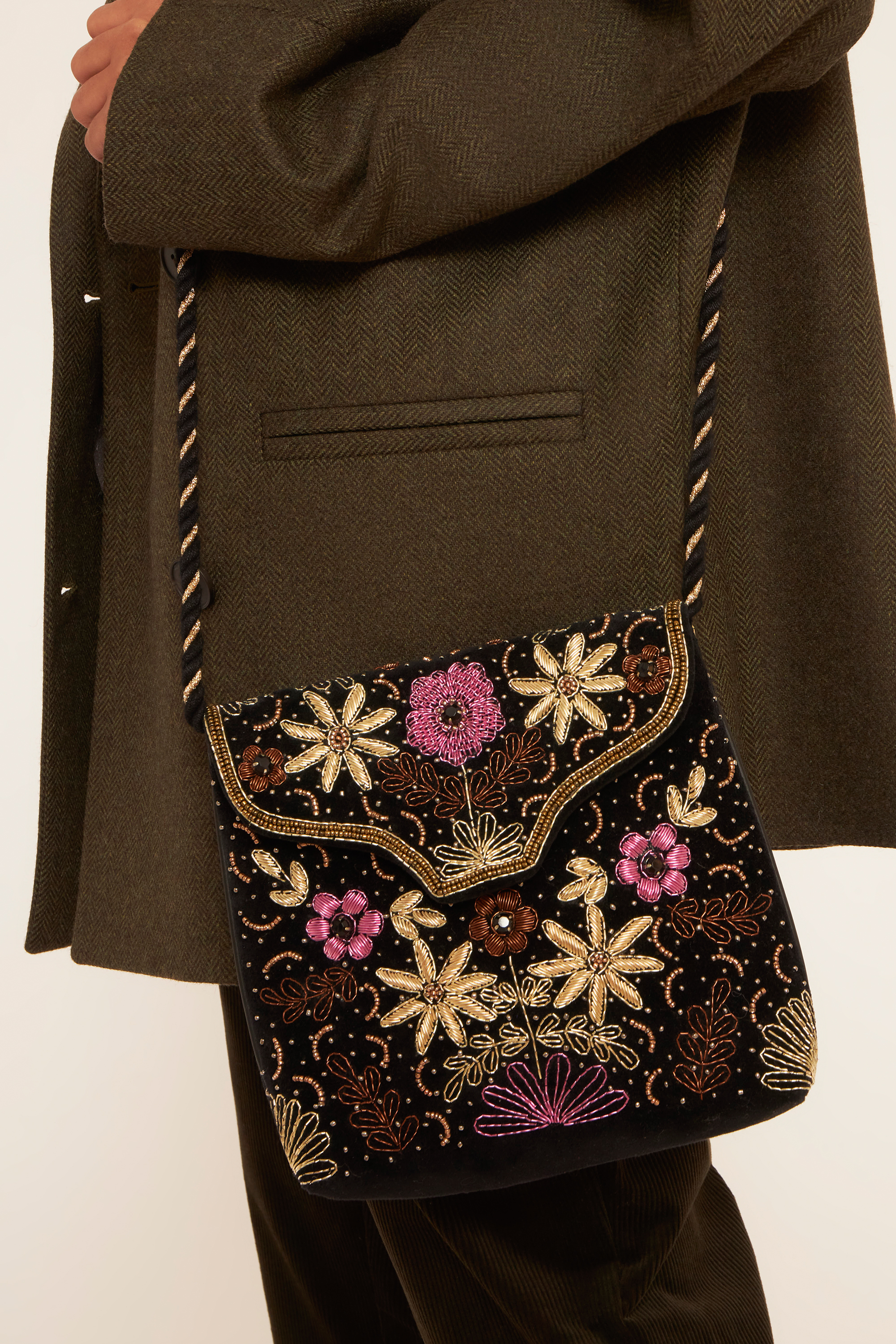 Velvet bag embroidered with beads Black crossbody bag ANTIK BATIK