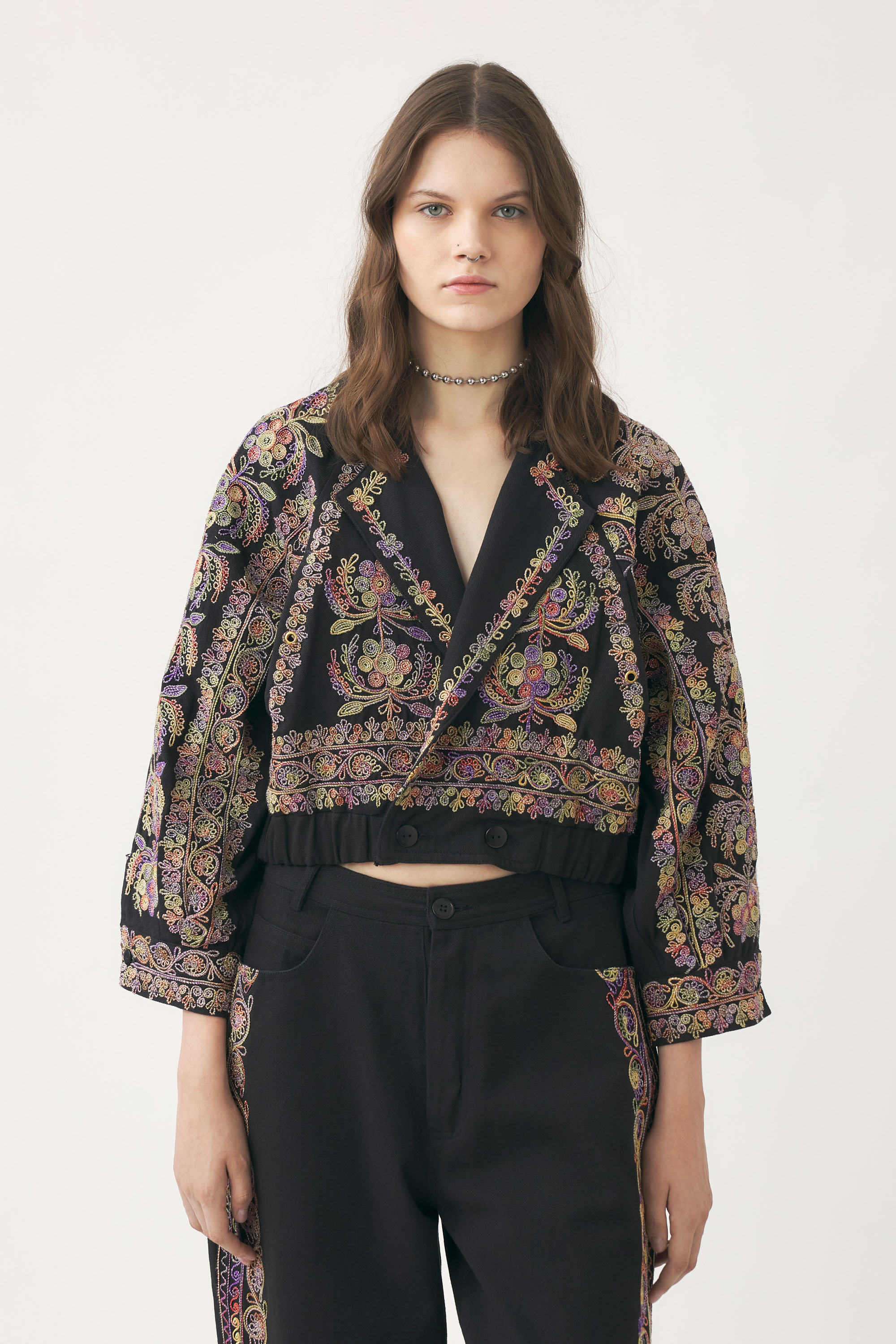 Black double cotton gauze jacket with tie and dye embroidery | ANTIK BATIK