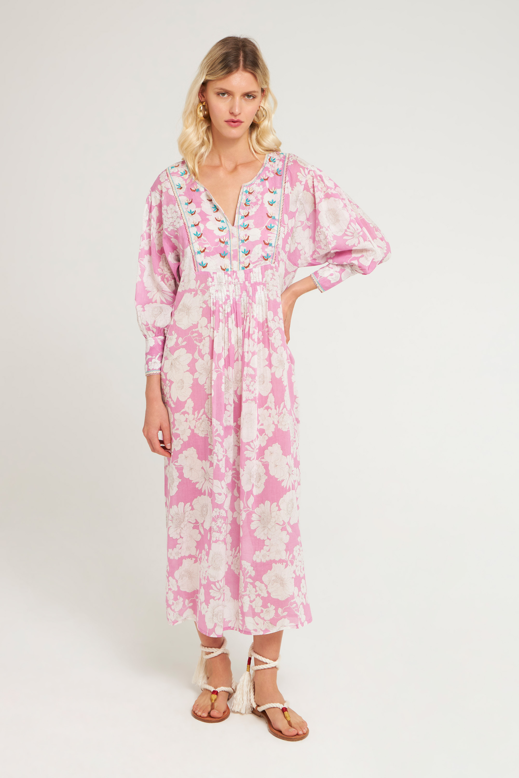 Pink maxi dress with embroidered and printed plastron in cotton voile ...