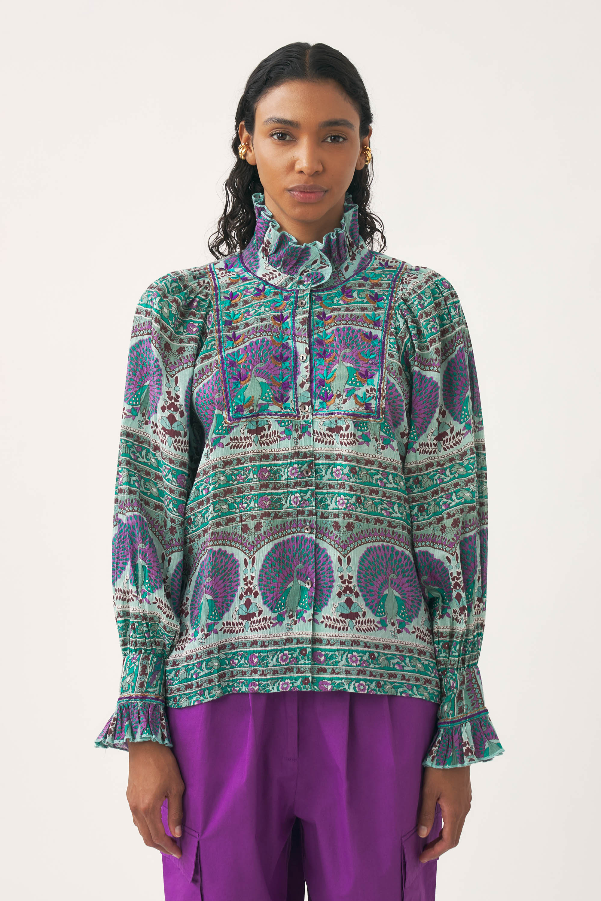 Cotton voile blouse with peacock print | ANTIK BATIK