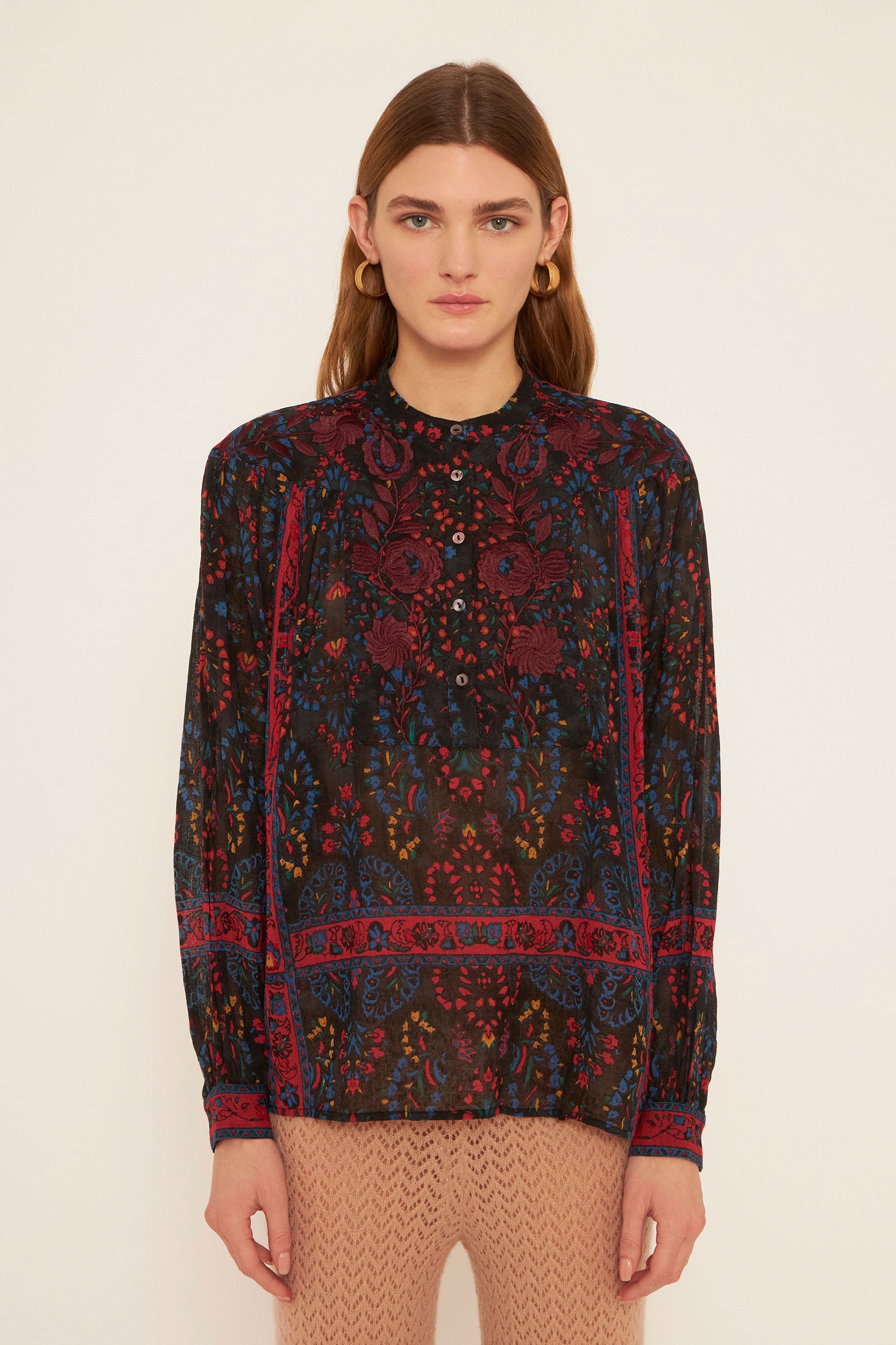 Cotton crepe embroidered blouse | Red and blue blouse | ANTIK BATIK