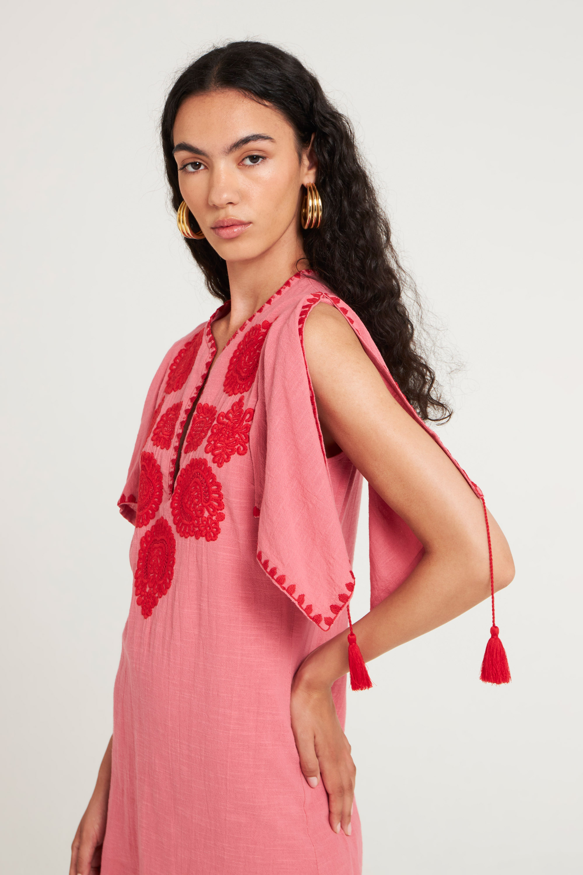 Coral cotton embroidered mini dress | Embroidered with cotton thread ...