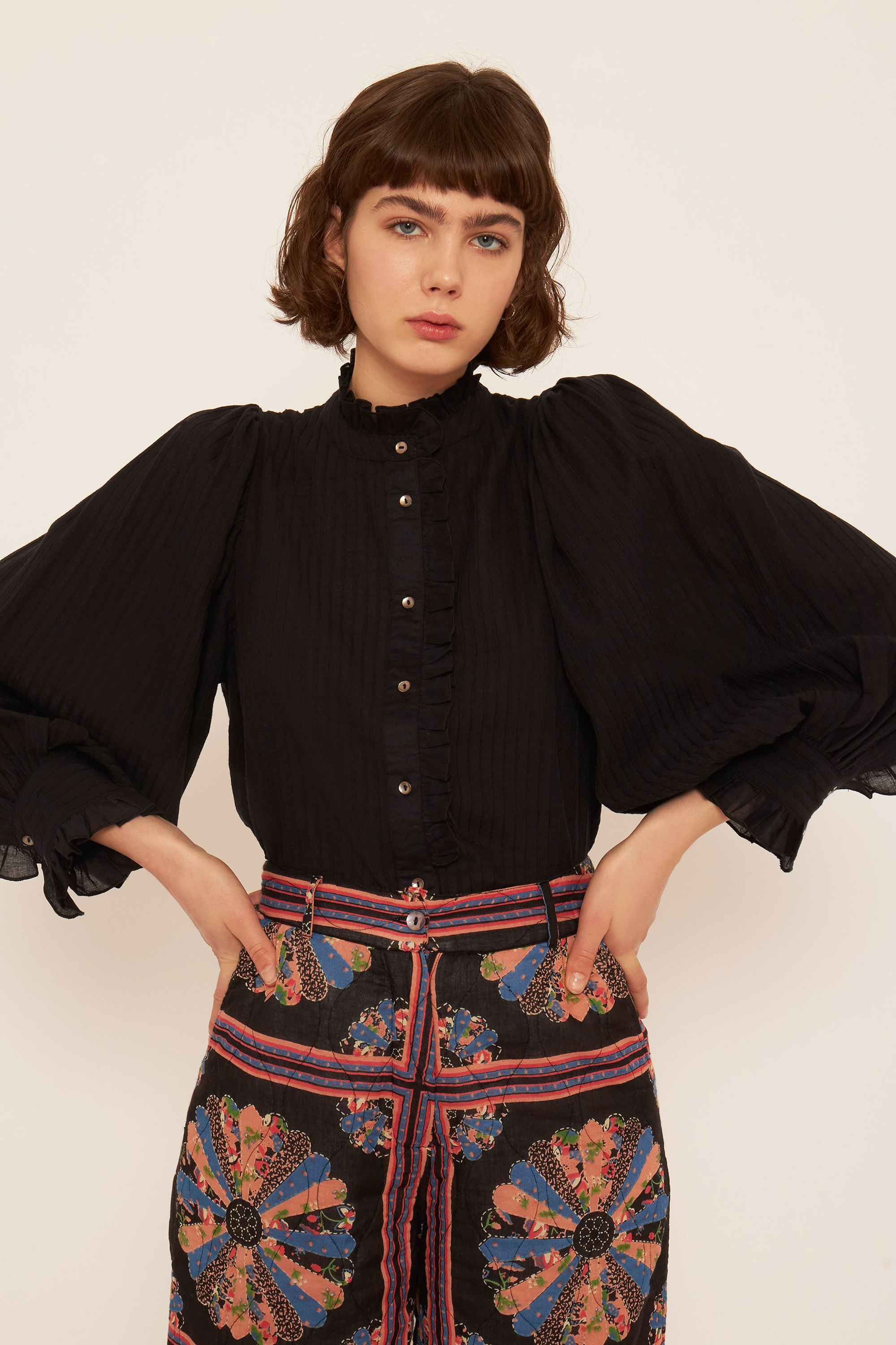 Black cotton crepe blouse | Puff sleeves | ANTIK BATIK