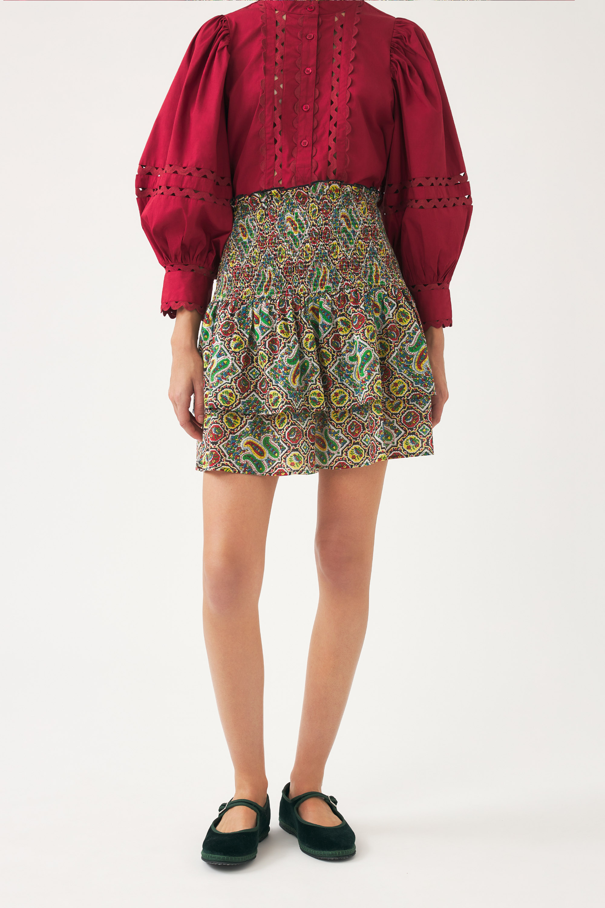 Khaki cotton voile block-printed miniskirt | ANTIK BATIK